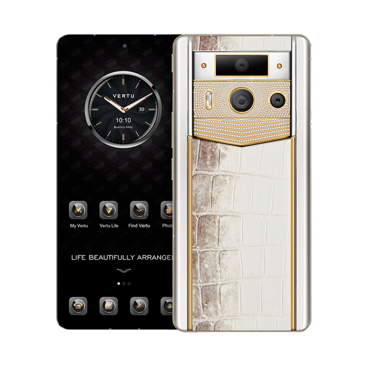 VERTU METAVERTU 2 PHONE WEB3 AI WHITE HIMALAYA ALLIGATOR SKIN(GOLD WEAVE  WITH DIAMONDS)